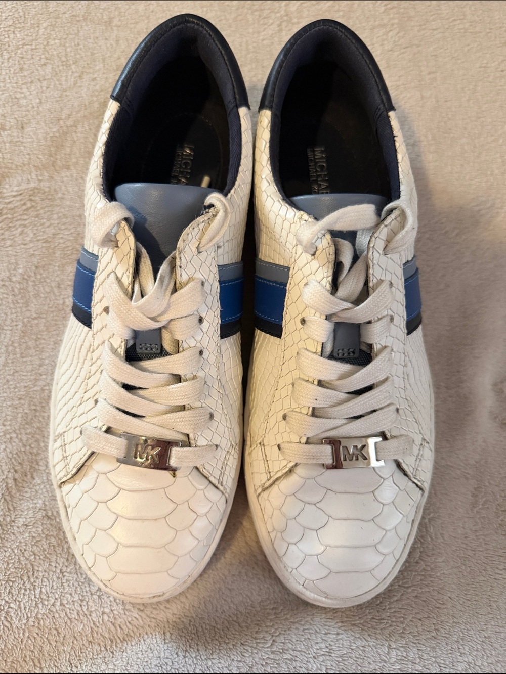 Michael Kors Men’s White Snake-Embossed Sneakers with Blue & Gray Stripes